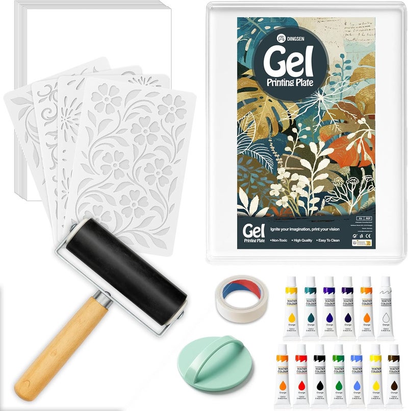 DINGSEN Gel Printing Plate Kit, Complete Printmaking Set with 5” X7” Gel Plate, Brayer, Watercolor Paints, A5 Printmaking Paper, and Essential Tools for Mixed Media Art, Monoprinting, Card Making - Image 1